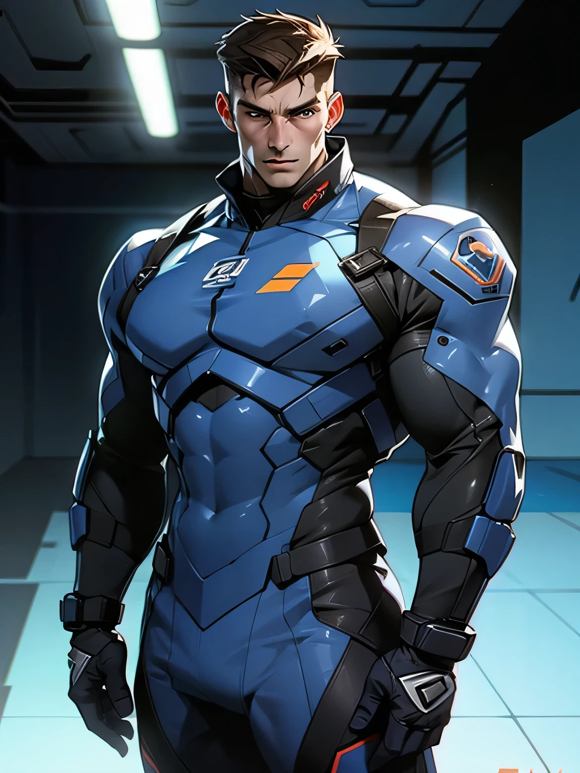 A Man, muscular, brown hair, blue eyes, SWAT Member, wearing a futuristic but sexy Uniform, strong face, strong expression, in a grey empty room, red neon light, soft shadows, Realistic, Highly detailed, masculine, Highly realistic, photorealistic artwork, 4K resolution. super details, masterpeace