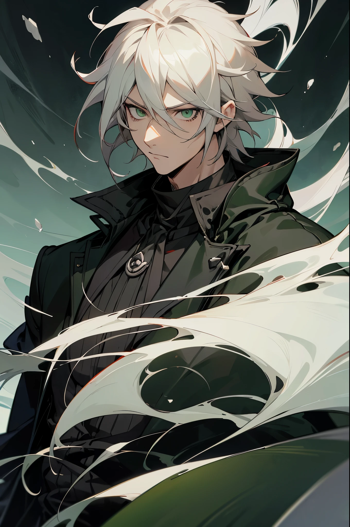 anime character with white hair and green eyes in a dark background, he has dark grey hairs, black jacket, thancred waters in style of wlop, portrait of thancred, serious face, a silver haired mad, nagito komaeda, zerochan art, by Shitao, son of sparda, thancred waters, made with anime painter studio, upper body, dark skies background, light green eyes, muscular, black turtle neck shirt, manly face, mature male, musculaar , upper body onl