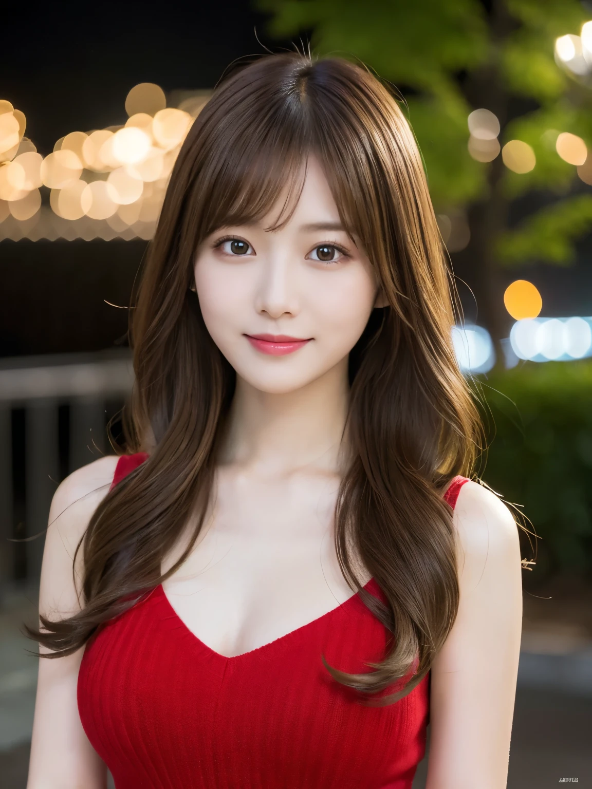 masterpiece, 1 beautiful girl, Detailed eyes, Puffy eyes, highest quality, 超A High resolution, (Realistic : 1.4), Cinema Lighting, Japanese, Asian Beauty, Super Beauty, Beautiful Skin, Slender, Body facing forward, (超Realisticな), (High resolution), (8k), (High resolution), (Beautiful and detailed eyes), (Super detailed), (wallpaper)、Detailed face, Bright lighting, Professional Lighting, View Art, Look straight ahead, (The costume is a red knit dress), Long Hair, My hair is messy, Asymmetrical bangs, Night Scenery, Brown Hair, Japan is an idol, Korean Idols, Gravure idol pose, 23 years old, expensive, smile, Flower park scenery at dusk, (Body posture towards the camera),