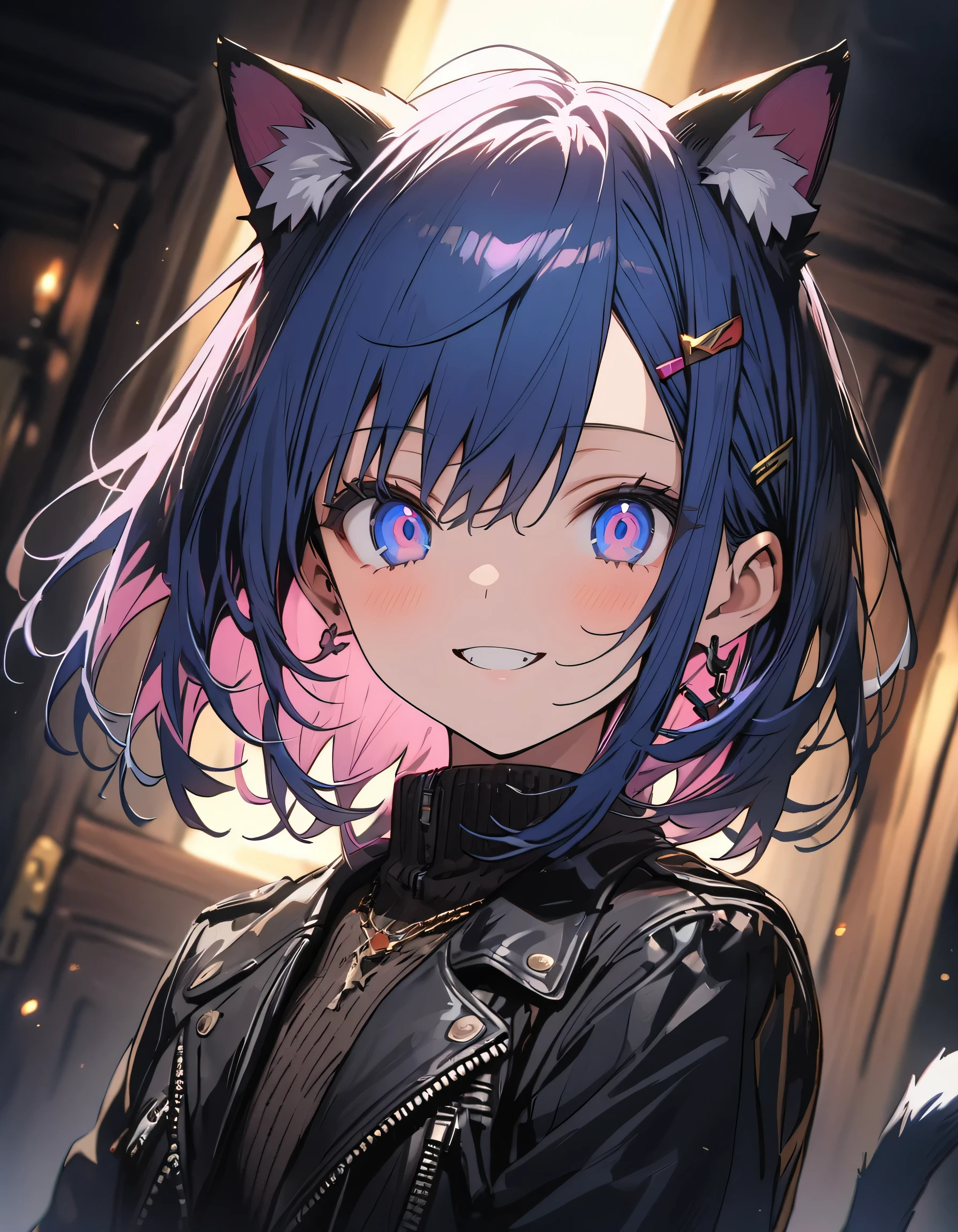 Cool boy with purple and blue hair:2, Striped Hair, Short Hairstyles, Wearing goggles and a leather jacket, Colorful Tattoos, Detailed accessories, ([Cat tail and ears]:1.3), (Complex details), High resolution, (Complex details, Super detailed:1.2), Cinematic shots, Vignette, Centered、(highest quality、masterpiece、High resolution、detailed)、anime style、Flat Style、(eyes shining iridescent colors illuminated light, Delicate and beautiful face, ),  BREAK,extremely detailed、High saturation,Dynamic Angle、anime、(The Shining), Best lighting, Best Shadow