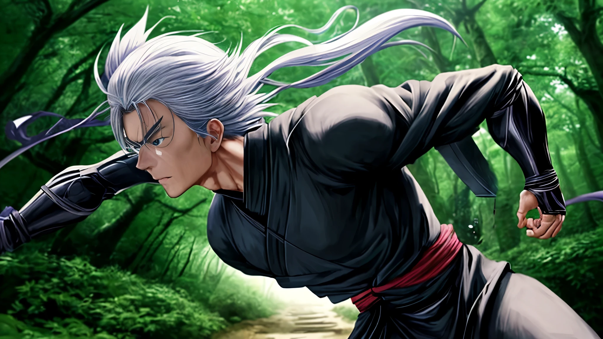 highest quality、Ninja、anime、sprinting、Running through the forest、No mask、Lean forward and run at full speed、Kamui Gaiden、Detailed face、Calm face、Masterpiece