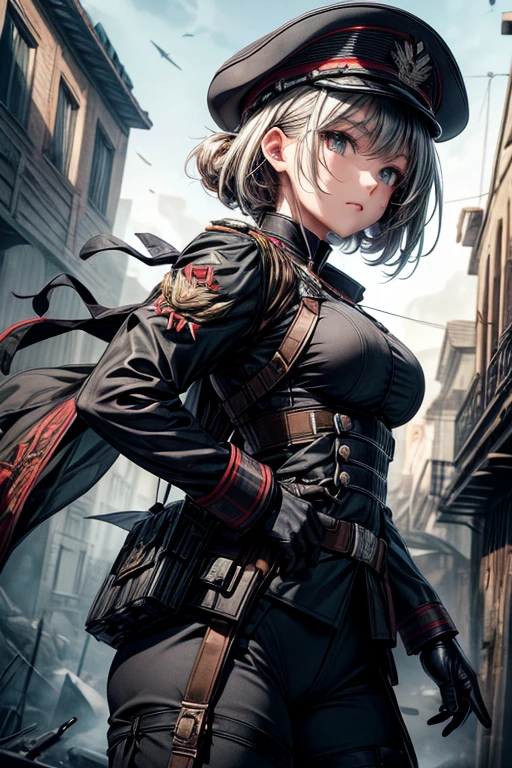 (hard disk, sharp, fractals),(8K resolution), actionpose、ww1ger、(comic book style),(Lola:Bad image:1.0),(Lola:add more details:1.2 ),、Detailed and complex、intricate-detail、high intricate detailed、absurd amount of details、((looking at the viewers))、 A detailed face, 1girl in_solo, Imperial German Army Uniform、Mechanical weapons、Battlefield Background