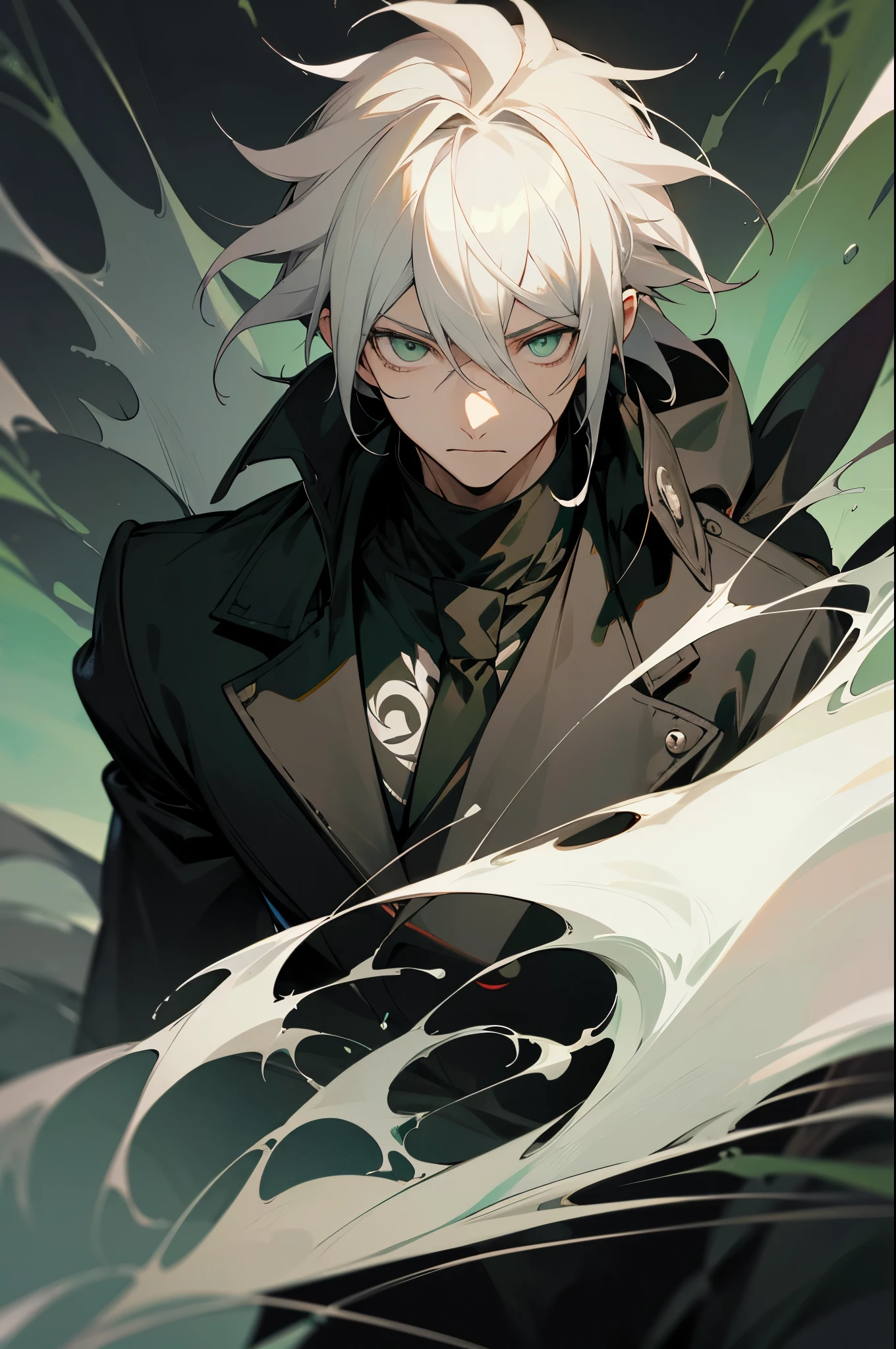 anime character with white hair and green eyes in a dark background, he has dark grey hairs, black jacket, thancred waters in style of wlop, portrait of thancred, serious face, a silver haired mad, nagito komaeda, zerochan art, by Shitao, son of sparda, thancred waters, made with anime painter studio, upper body, dark skies background, light green eyes, muscular, black turtle neck shirt, manly face, mature male, musculaar , upper body onl