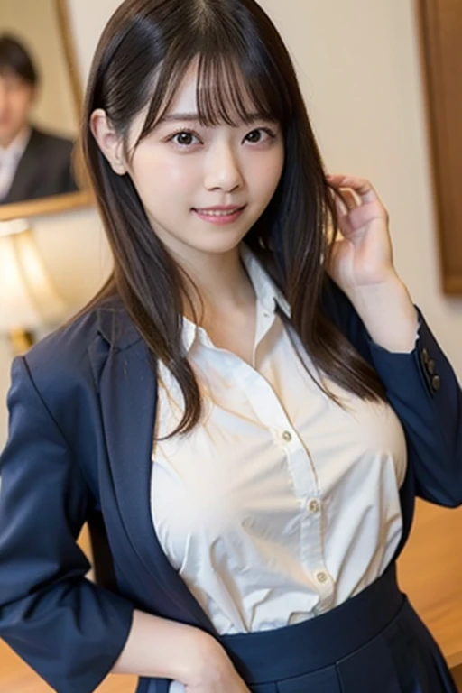 ((highest quality)), ((masterpiece)), (detailed), Perfect Face, smile, amusement park,, Huge breasts spilling out of her shirt, Accentuate larger breasts, Japan teenager, タイトな白いボタンダウンのBusiness shirts, Remove all buttons, Unbutton all the buttons on your shirt and open your chest wide, Deep cleavage、Wavy long hair, Navy blue tight skirt, Exposing large, protruding breasts, Pointed upper part of chest, Angle from the side,Business shirts, Upturned chest, Distinguish the shape of the left and right breasts clearly, The underboob is clearly visible, Look at me and smile,  