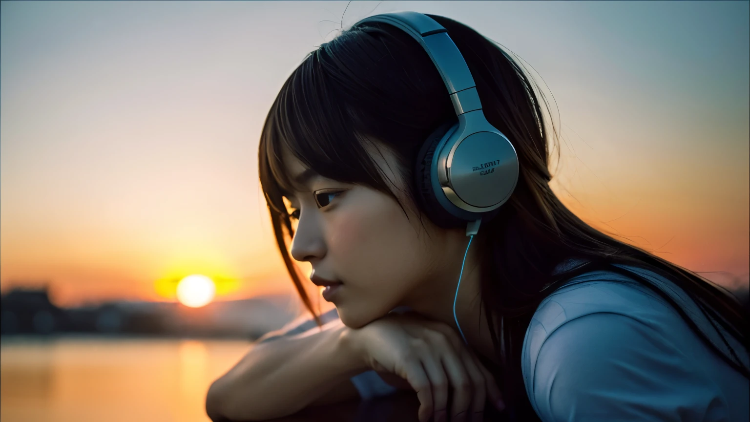 ((highest quality)), ((masterpiece)), (Cinematic aesthetics:1.4),(become close) Beautiful Japanese Women,one person,Listening to music with headphones,Back view,Face turned to the side,Beautiful Sunset Pictures