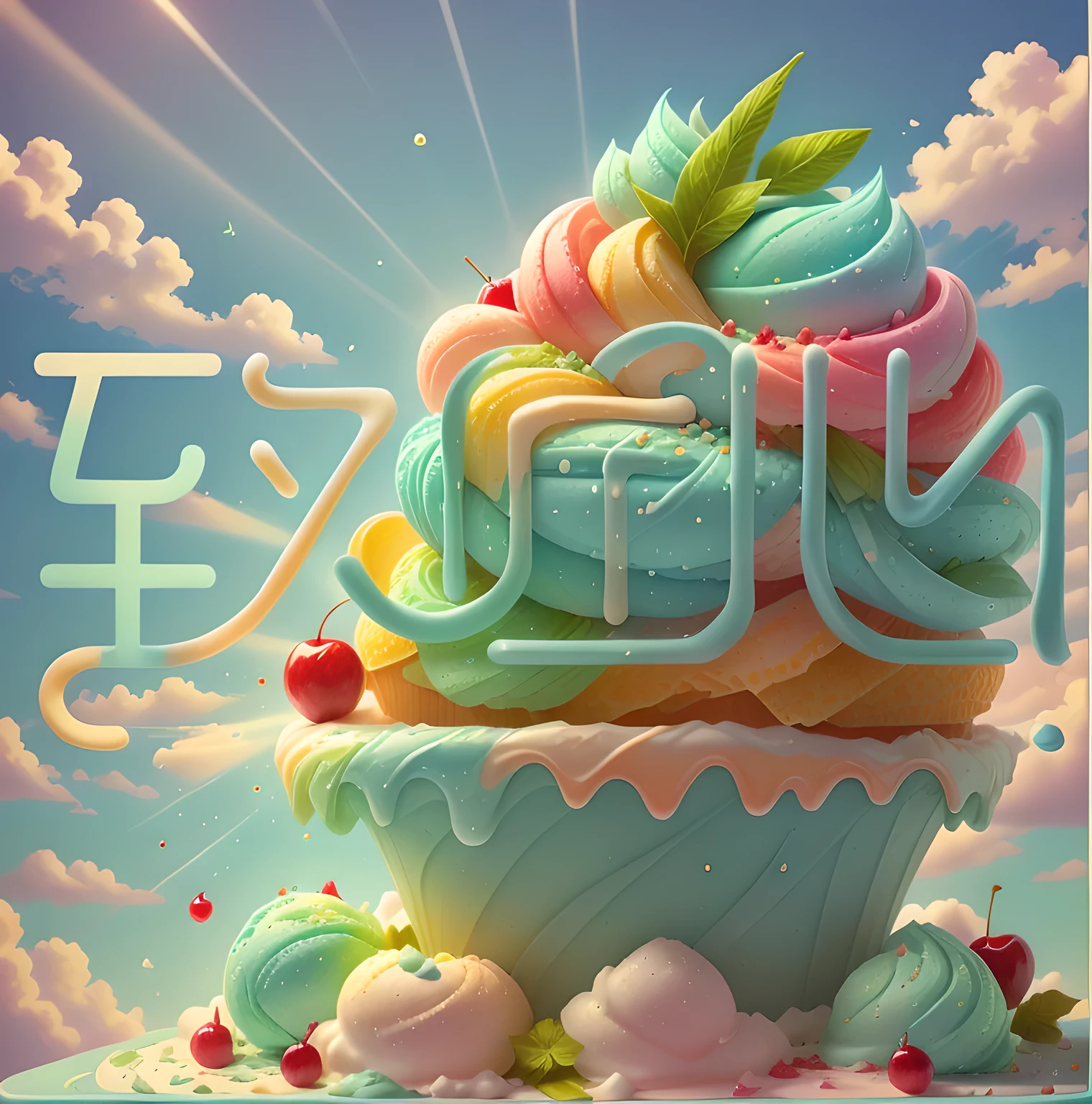 Blue sky and white clouds,Sunlight,Sunlight,Matcha Ice Cream Cone,Drizzle with dark chocolate sauce,Soft,delicious, panoramic,Vibrant green background,lifelike、Detailed images,Ultra-clear,best quality,food wallpaper,cherry,strawberry,Lemon slices,Banana slices