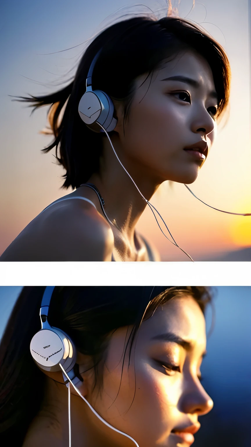 ((highest quality)), ((masterpiece)), (Cinematic aesthetics:1.4),(become close) Beautiful Japanese Women,one person,Listening to music with headphones,Back view,Face turned to the side,Beautiful Sunset Pictures