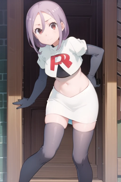 solo, 1girl, looking at viewer, 2D, anime, anime coloring, team rocket,team rocket uniform,white skirt,red letter R,crop top,black thigh-highs,black elbow gloves, urushi yaotome, , looking at viewer