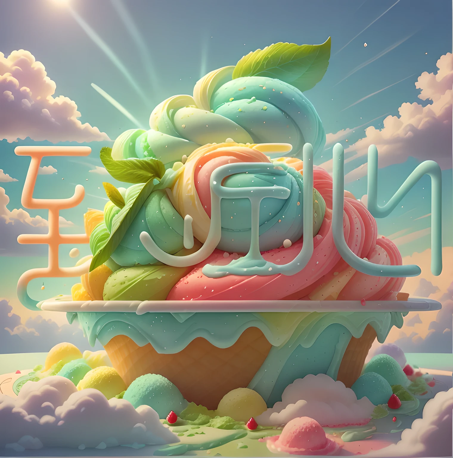 Blue sky and white clouds，Sunlight，Sunlight，Matcha Ice Cream Cone，Drizzle with dark chocolate sauce，Soft，delicious， panoramic，Vibrant green background，lifelike、Detailed images，Ultra-clear，best quality，food wallpaper，cherry，strawberry，Lemon slices，Banana slices