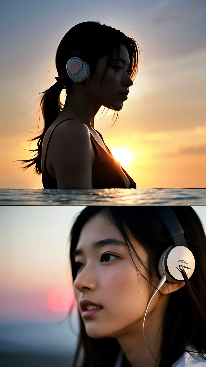 ((highest quality)), ((masterpiece)), (Cinematic aesthetics:1.4),(become close) Beautiful Japanese Women,one person,Listening to music with headphones,Back view,Face turned to the side,Beautiful Sunset Pictures