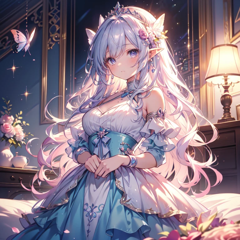 (highest quality, Very detailed, beautiful, Exquisite, 16k, Full HD), Look down,(Sleep on your back:1.5,Looks sleepy,On the bed),(looks happy,smile,smile),((soft, Sparkly layered dress)),A large and beautiful dress inspired by rose flowers, Hanabubuki,The screen is surrounded by flowers,(Frills,Decorated with rhinestones,Ball Gown Dress),(Art Station, Fantasy art:1.2), pastel colour,((蝶のようなbeautiful妖精の羽:1.5)),(Gradient Hair, Light blue hair, Wavy Hair,fluffy hair),(tiara,anklet),(Lavender eyes, Long eyelashes, Fuller lips,beautiful purple eyes,Cheeks are pale pink,Pointy Ears,Big Breasts,fluffy),Dazzling Light, Warm lighting,Bright light,Romantic light