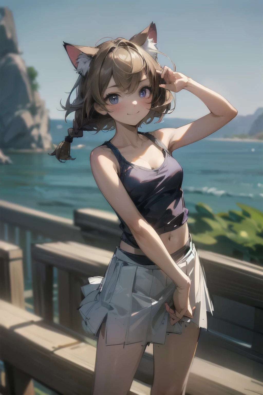 ((Masterpiece)), ((best quality)), (Rough sketch:1.4), (super detail), (High Definition:1.3), (Professional Photography:1.3), (()), 1girl, cinematic lighting, Textured skin, (cat ears), pale brown hair, messy medium hair, Cute Beautiful teenage girl, BREAK, ((best quality)), (Knit fabric tank top:1.3), cleavage, no bra, (exposed neck), slendar body, small breast, (short braided hair), (Wearing medium tutu skirt), (hyper deformed face:1.3), naughty smile, blush, (Purple Unfocused eyes), beautiful collarbones, (slightly exposed cute navel), BREAK, ((best quality)), (super detail), ((triumphant pose)), (on the Beautiful coastline),