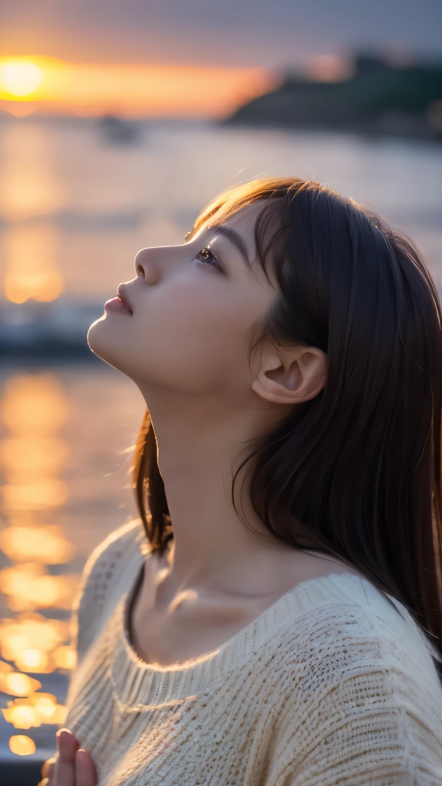 (knit), (highest quality,masterpiece:1.3, Ultra-high resolution), (Ultra-detailed,Caustics),(Photorealistic:1.4,RAW shooting,)Ultra-Realistic Capture, Very detailed, High resolution 16K for human skin, One Woman, Japanese, cute, Black-haired, Middle Hair, (((Sunset sky background))), (((Sunset sea background))),  (((Looking up in profile))), (((I am praying for you)))