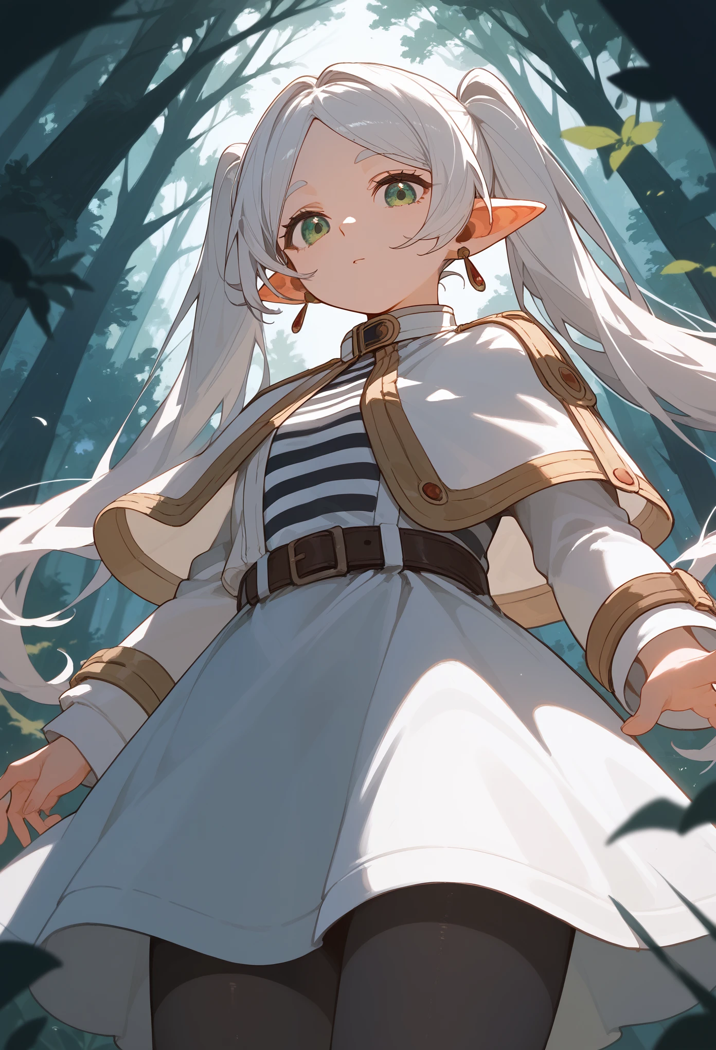 masterpiece, best quality, (score_9, score_8_up, score_7_up), 1girl, solo, FrierenBase, green eyes, white hair, long hair, twintails, earrings, white capelet, striped shirt, black stripes, long sleeves, belt, white skirt, black pantyhose, looking at viewer, from below, hand on chest, delicate hands, life-size-body, forest, night, sharp focus, masterpiece, best quality
