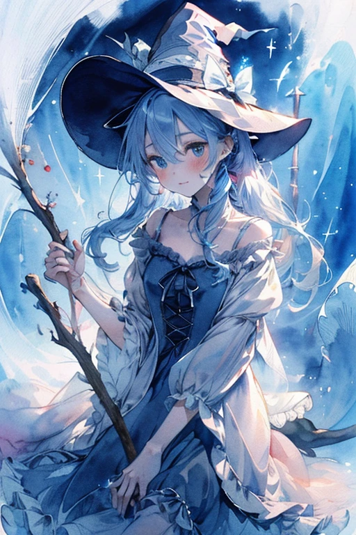 Under the sea, wizard witch, moe, witch, calm, (healing), beautiful sea, stirring a big pot with a long stick, sandwich, eating, watercolor, full body, (cute wizard witch living in the sea), (delicate, fine lines, cherry blush, fair skin, slender body, long eyelashes, attractive and sparkling big eyes)), ((detailed, long cute witch dress with lots of ribbons, lace and frills)), ((witch clothes, witch hat on head)), making medicine. ((watercolor style, moe anime textures)), world full of mysterious light, ((cute)), gentle, healing, magical fantasy, (((top quality, highest image quality))),