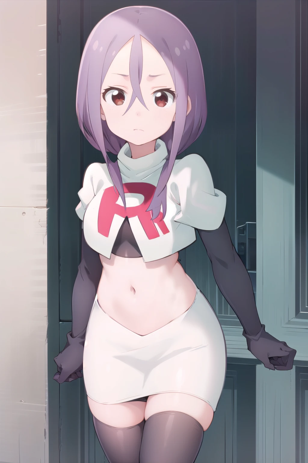 solo, 1girl, looking at viewer, 2D, anime, anime coloring, team rocket,team rocket uniform,white skirt,red letter R,crop top,black thigh-highs,black elbow gloves, urushi yaotome, , looking at viewer