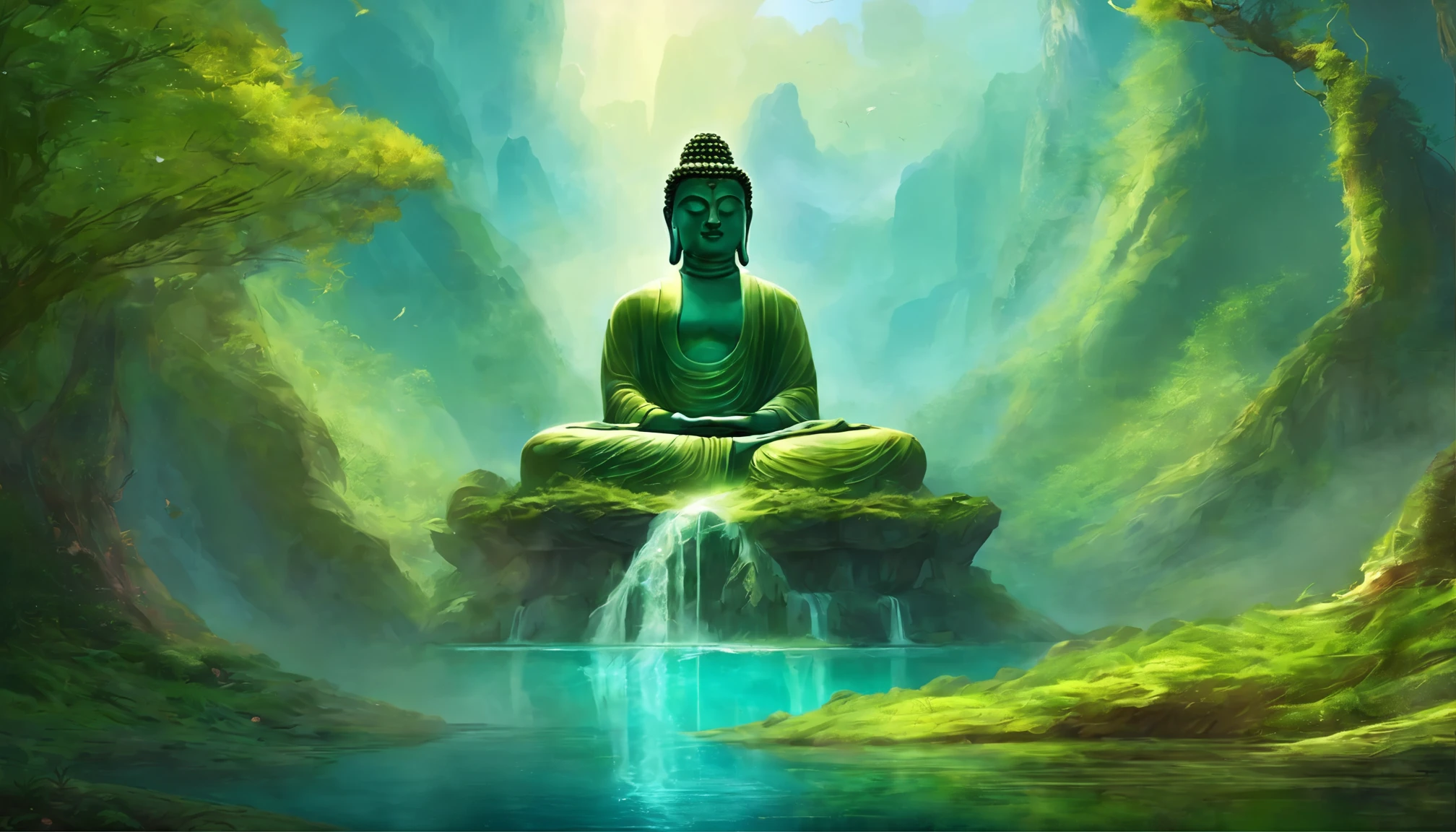 A huge Buddha statue deep in the mountains,One with nature,moss,blue cyrstal clear water, the lush vegetation,rays of sunshine