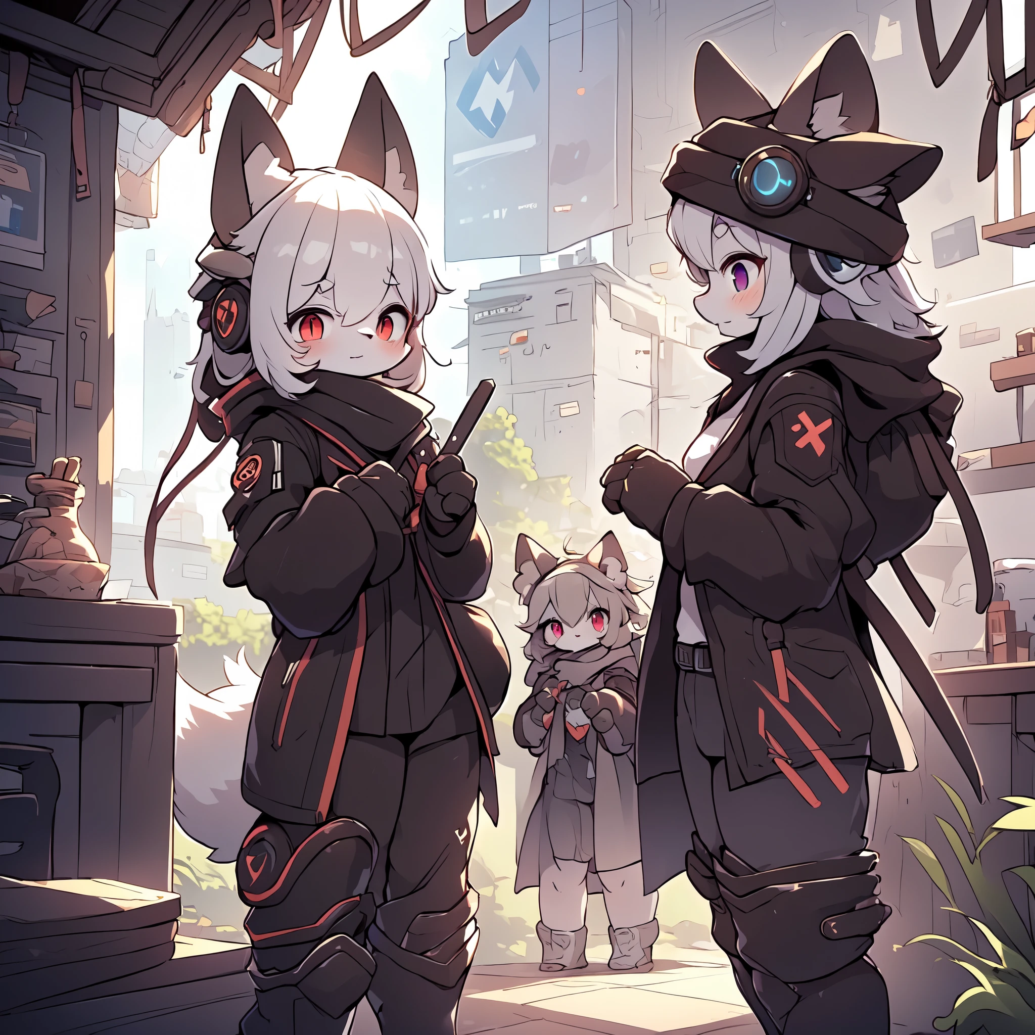 Kawaii, Striped Fluffy Fox, emaciated, long hair, 3girls, artificial synthetic skin, life support prosthetics, digital headphones, black tight latex bodysuit, white long dress, thigh-high-socks, shorts, loose off-the-shoulder hood open jacket, holsters in thigh, Mechanical boots, tactical knee pads, tactical belted loose Arm Sleeves, cybernetic Display gloves, chest rigs, tactical belts, blue archive halo, bulletproof goggles on forehead, from Ark nights, ray tracing, depth of field, bloom, masterpiece, ccurate, high details, highres