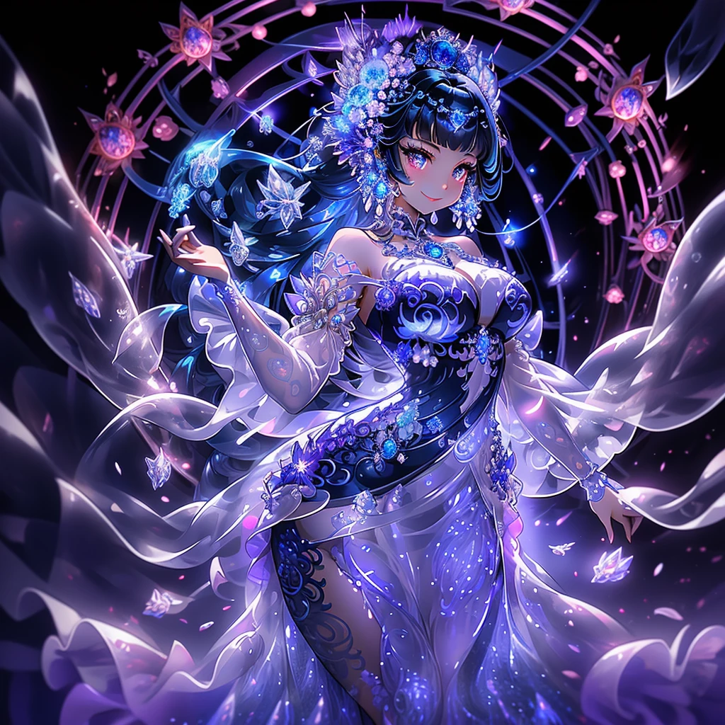 Anime Style:

Imagine an anthropomorphic Sapphire Jelly Goddess, adorned with intricate ornate details, her form gracefully taking shape. Melting sapphire jelly flows down her body, forming translucent and flowing hair, shimmering with a mesmerizing mix of sapphire and white hues. Her striking, shiny sapphire eyes sparkle with an ethereal beauty, while her luxuriously parted ruby lips curve in a confident smile.

Dressed in a jelly translucent dress, her attire is an exquisite masterpiece adorned with crystals and gothic chains that cascade down her body