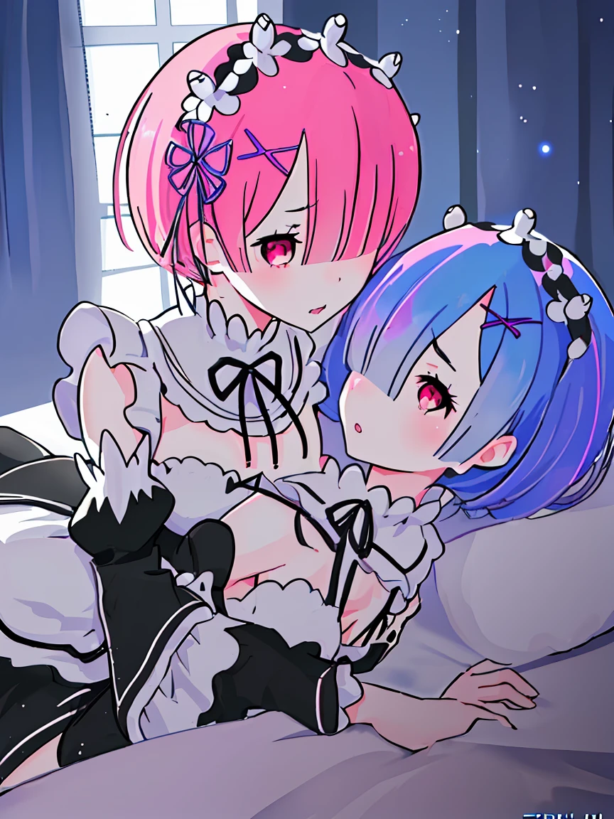 2girls,Re:zero,ram & rem,(((2girls in))),nsfw ,lesbian,yuri,tribadism,,clam jousting ,female homosexuality,(masterpiece), (best quality),clothed,girl trembling with sexual climax,aroused,medium breasts,on the bed,bedroom,,supright straddle,grappling ,hug,thighs,crotch grab ,hand under clothes , ,kiss each other,clothed ,dynamic angle ,1girl is ram,1girl is rem, ramchi,remchi, masterpiece, Best Quality, (Colorful), (Delicate eyes and face), Volumetric Lights, Ray tracing, the Extremely Detailed CG Unity 8K Wallpapers, Ramchi, Hair over one eye, maid, Purple Ribbon, maid headdress, roswaal mansion maid uniform, Detached sleeves, Looking at Viewer,