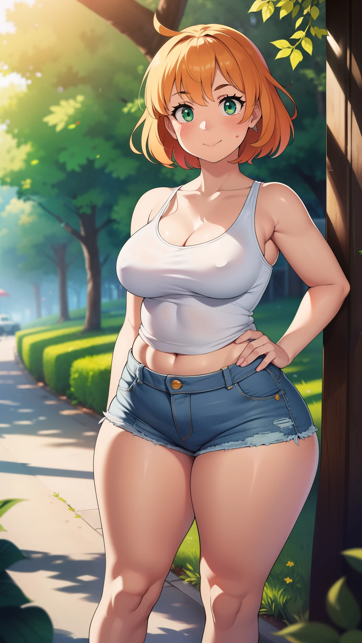 

((highres)), Masterpiece, high quality, best quality, beautiful, perfect lighting, detailed face, ultra cute face, full body shot, (cowboy shot 1.5), wide angle, ((1girl)), ((solo)),

Short hair, messy hair, orange hair, green eyes, ((blush)), bright smile, looking at viewer, (white tank top 1.5), (micro jean shorts 1.5), (thick thighs), (wide hips), cleavage, medium breasts, perky breasts, hand on hip, cute pose,

20 year old female, standing in a park, (park), daytime, summer time,
