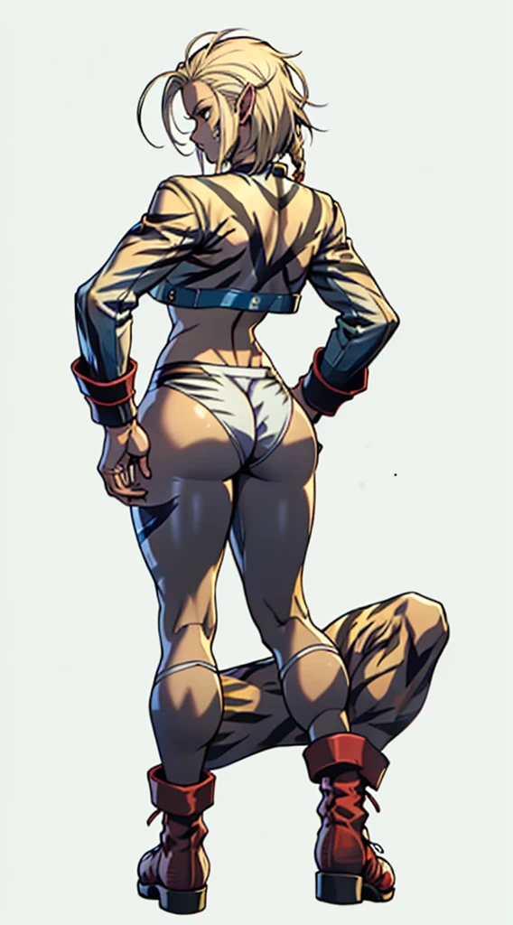 Drawing of cammy_white, cammy sf6,1girl, solo, bang, scar on cheek, blonde hair, blue eyes, short hair, (((Plain background:1.2))) (masterpiece, high quality:1.1) 1girl solo full body squatting looking to the viewer, view from below, hairstyle short bob hair cut with a braid, extra long hair, white silver hair, red eyes, HANDS ON HIPS (yellow tiger bikini print long sleeves and long stockings) (dark elf dark skin) (incredibly beautiful full body photo, standing, (((bright eyes))), good anatomy, perfect hand muscular legs))), thin waist, muscular abdomen, wearing black high heel shoes, (((with her back to me showing her big shapely ass to me)))