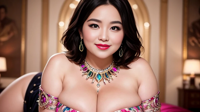 RAW Photos, Digital single-lens reflex camera, Soft lighting, Film Grain, 16K Wallpaper, masterpiece, highest quality, Very detailed, 40~50 years old, Full Body Shot, Mature Woman, beautiful, 魅惑的なsmile,Thick lips, Looking at the audience, Provocative expression, Glossのある髪, Curvaceous and seductive face,Mischievous face,,An inviting gaze,Emphasis on anatomical balance of the human body,A gentle gaze,smile, 妖Gloss,Pink lipstick,Pink Eyeshadow,Luxurious exterior,perfectionなボディ、accessories,Each part of the body is anatomically very well structured., perfection,Best Necklace、Unparalleled beauty、2 wrists、2Book legs、One Face、妖Gloss、Luxurious exterior、smile、Gloss、超滑らかな肌highest qualityのコーディネート、Great background、Super high-end、nice、Sparkling eyes、(((Wear sparkling jewelry)))、(((One female)))、(((Colorful intricately designed dress)))、Less exposed skin