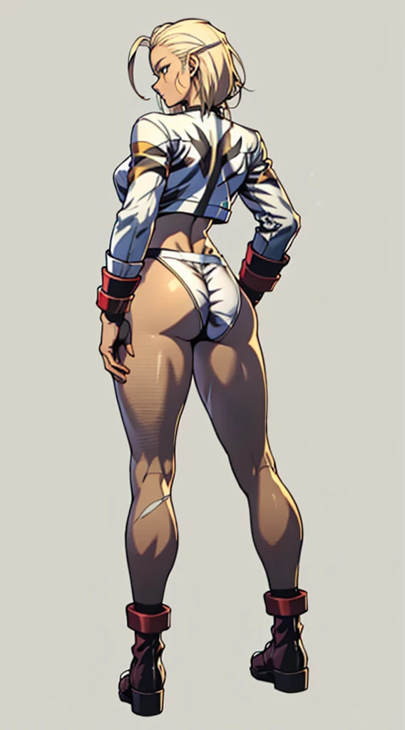 Drawing of cammy_white, cammy sf6,1girl, solo,  bang, scar on cheek, blonde hair, blue eyes, short hair, (((Plain background:1.2))) (masterpiece, high quality:1.1) 1girl solo full body squatting looking to the viewer, view from below, hairstyle short bob hair cut with a braid, extra long hair, white silver hair, red eyes, HANDS ON HIPS (yellow tiger bikini print long sleeves and long stockings) (dark elf dark skin) (incredibly beautiful full body photo, standing, (((bright eyes))), good anatomy, perfect hand muscular legs))), thin waist, muscular abdomen, wearing black high heel shoes, (((with her back to me showing her big shapely ass to me)))