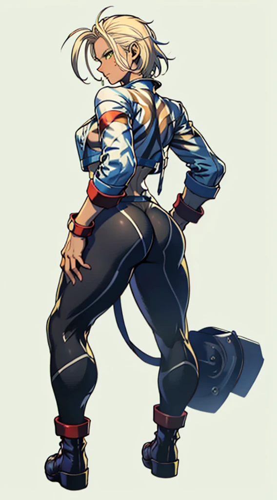 Drawing of cammy_white, cammy sf6,1girl, solo,  bang, scar on cheek, blonde hair, blue eyes, short hair, (((Plain background:1.2))) (masterpiece, high quality:1.1) 1girl solo full body squatting looking to the viewer, view from below, hairstyle short bob hair cut with a braid, extra long hair, white silver hair, red eyes, HANDS ON HIPS (yellow tiger bikini print long sleeves and long stockings) (dark elf dark skin) (incredibly beautiful full body photo, standing, (((bright eyes))), good anatomy, perfect hand muscular legs))), thin waist, muscular abdomen, wearing black high heel shoes, (((with her back to me showing her big shapely ass to me)))