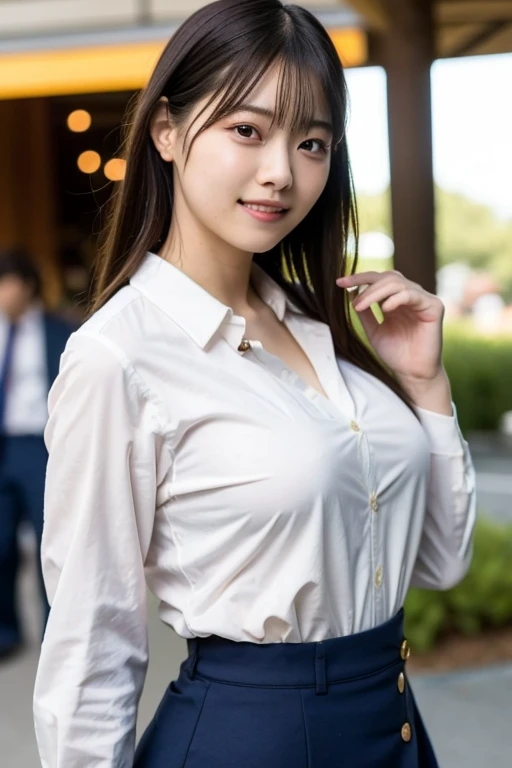 ((highest quality)), ((masterpiece)), (detailed), Perfect Face, smile, amusement park,, Huge breasts spilling out of her shirt, Accentuate larger breasts, Japan teenager, タイトな白いボタンダウンのBusiness shirts, Remove all buttons, Unbutton all the buttons on your shirt and open your chest wide, Deep cleavage、Wavy long hair, Navy blue tight skirt, Exposing large, protruding breasts, Pointed upper part of chest, Angle from the side,Business shirts, Upturned chest, Distinguish the shape of the left and right breasts clearly, The underboob is clearly visible, Look at me and smile,