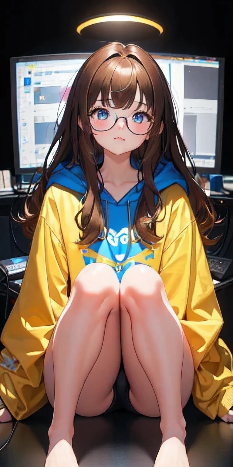 [(Transparent background:1.5)::5],(((masterpiece))),(((best quality))),(((extremely detailed))),illustration, 1 girl, solo, girl sitting in front of computer screen, wearing round glasses, yellow oversized hoodie (Honey brown hair),(brown eyes), full body,barefoot,long fluffy hair, gamer room in night. Light from monitor. Blue room. Dark background, multi-color eyes, detailed eyes, hyper detailed,pouting, highly detailed, beautiful, small details, ultra detailed, best quality, intricate, 4k, 8k, trending on artstation, good anatomy, beautiful lighting, award-winning,
