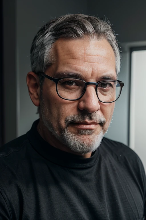 a white geek man, a little chubby, around 50 years old, short gray hair, gray beard, using glasses, black shirt with a white skull, 8k, photo, ultra realistic