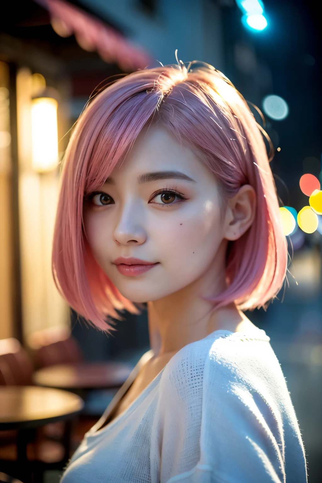 (highest quality,masterpiece:1.3,超A high resolution,),(Very detailed,Caustics),(Photorealistic:1.4,RAW shooting,)Ultra-Realistic Capture,Very detailed,High resolution 16K for human skin、 Natural skin texture、、Skin tone is even and healthy looking、 Use natural light and color,One Woman,Japanese,,cute,Pink,Middle Hair,(Written boundary depth、chromatic aberration、、Wide range of lighting、Natural Shading、)、(Outdoor lighting at night:1.4)、(Hair swaying in the wind:1)、short hair、（Exposure:3.0）、sexy、Inside the cafe、coffee
