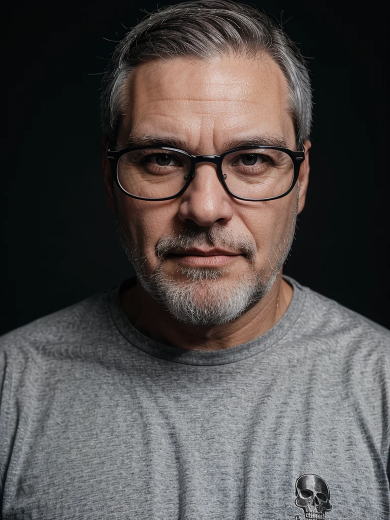 a white geek man, a little chubby, around 50 years old, short gray hair, gray beard, using glasses, black shirt with a white skull, 8k, photo, ultra realistic