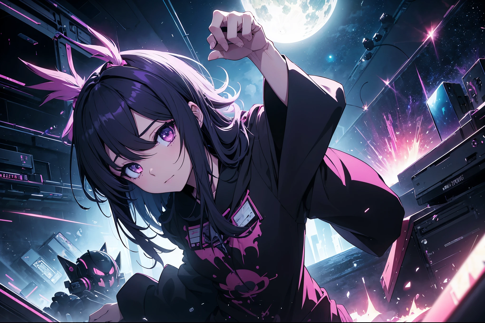 Create a work with the theme of phonk music, anime style, Magic, space, Horror, 4k, super detailed!