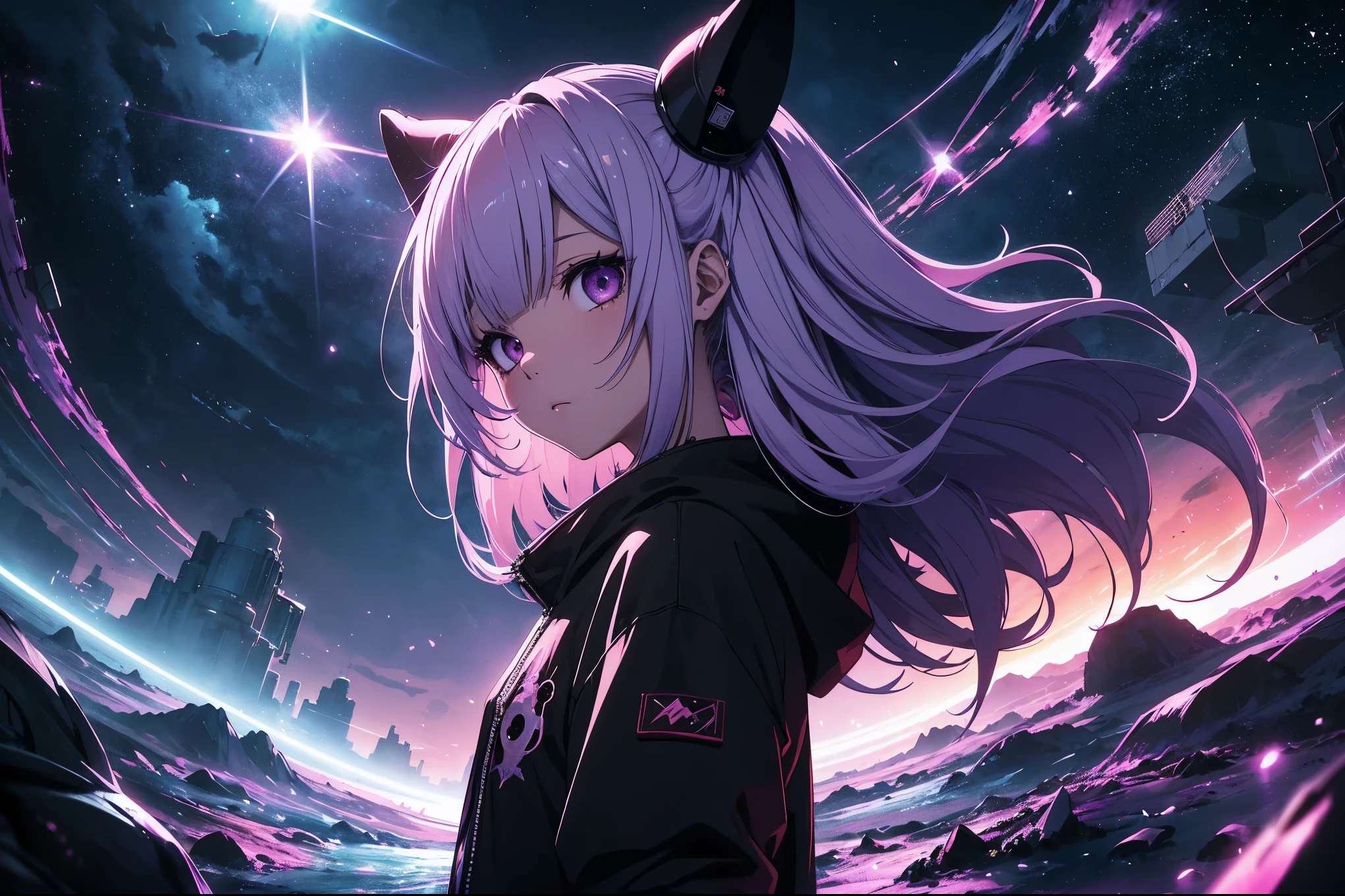 Create a work with the theme of phonk music, anime style, Magic, space, Horror, 4k, super detailed!