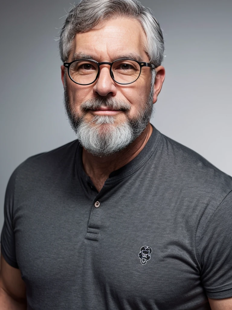 a white geek man, a little chubby, around 50 years old, short gray hair, gray beard, using glasses, black shirt with a white skull, 8k, photo, ultra realistic