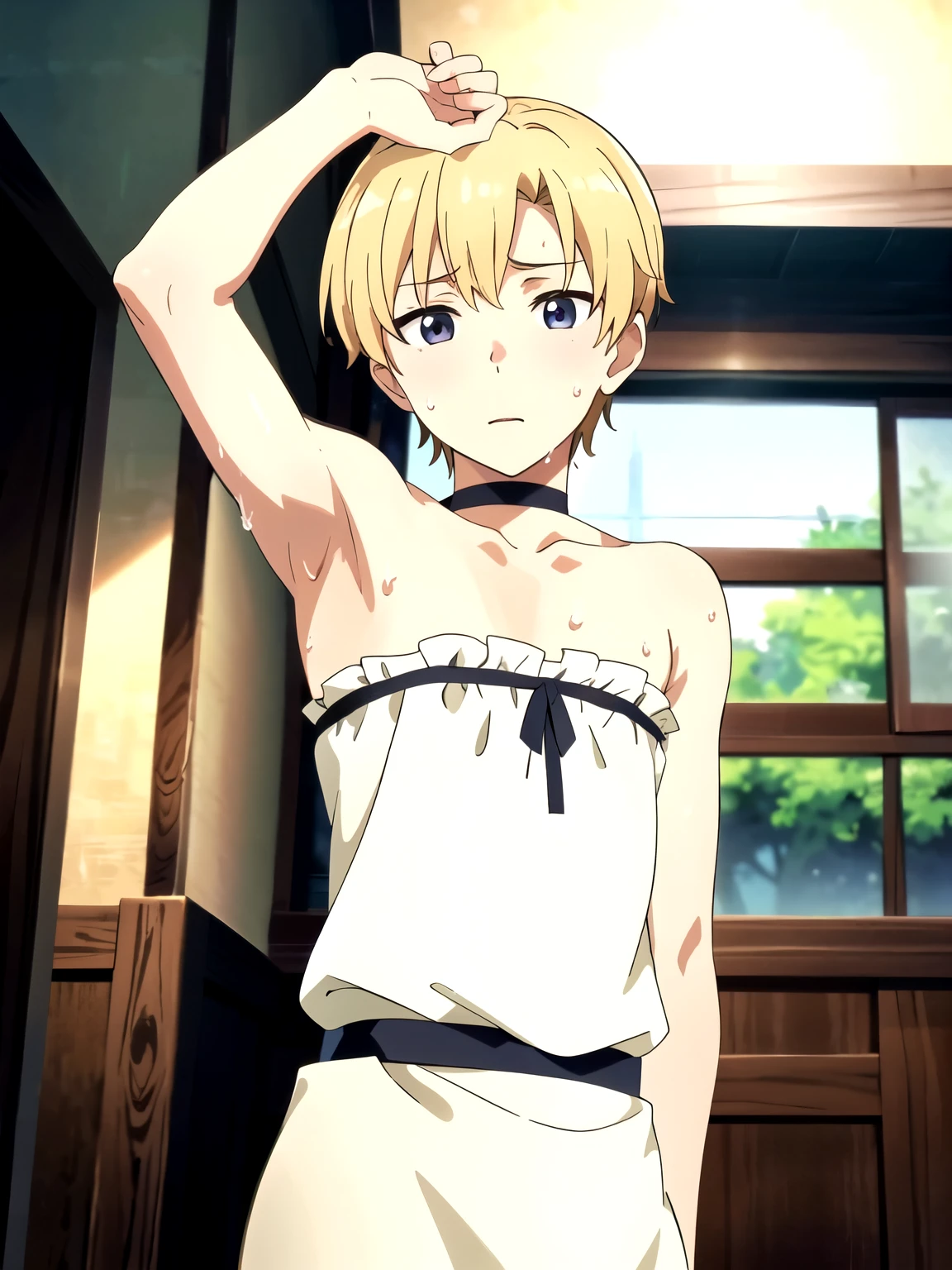 Highres, Masterpiece, Best quality at best,Best Quality,hight quality, hight detailed, 1boy, Boy,Blonde, Side bangs, Shota, Sweat, Strapless dress, Choker, Collarbone, Half body image, Depth of field, Anime screencap style, thin line, Seen from the front, Little sweat, Cute boy, (Showing armpit:1.3), (very small and short stature), (very young boy), 12-year-old boys, Blurry and simple beckground