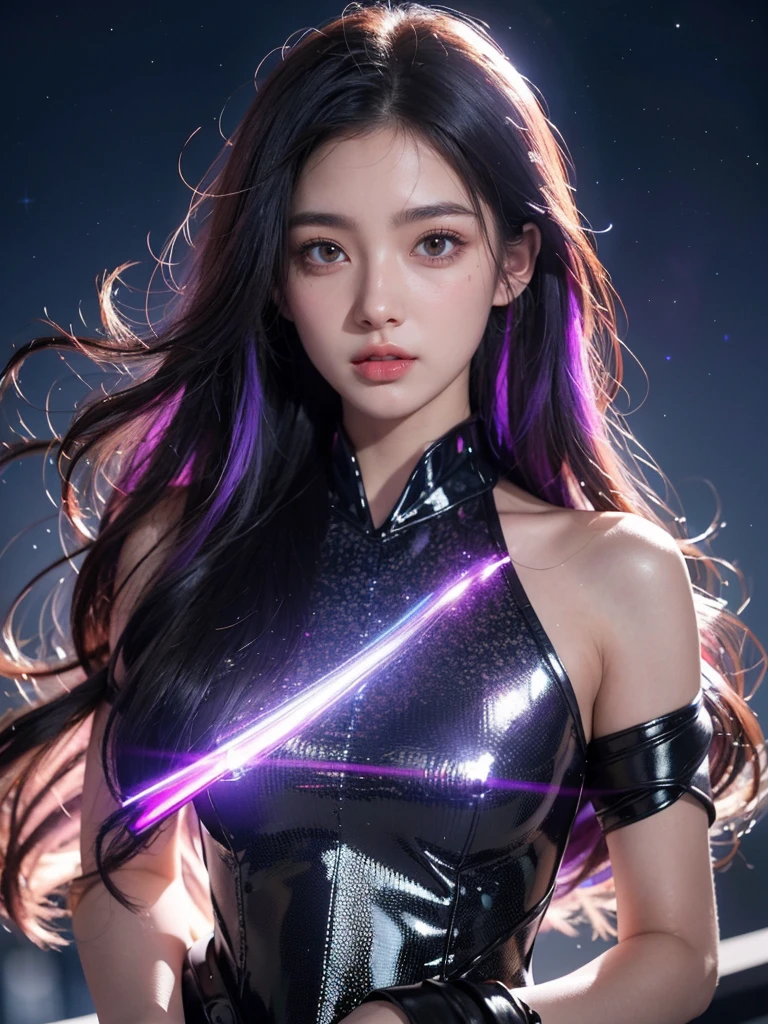 masterpiece, best quality,highres, 1girl, stars in the eyes, purple long hair, Starry sky adorns hair, (((glistening light))), (Luminous), detailed shadow, meteor,fanxing, techwear, bare shoulders, upper body