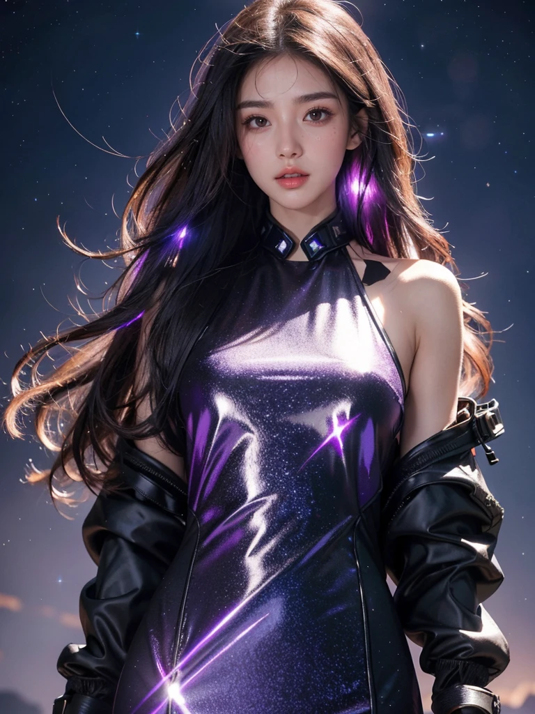 masterpiece, best quality,highres, 1girl, stars in the eyes, purple long hair, Starry sky adorns hair, (((glistening light))), (Luminous), detailed shadow, meteor,fanxing, techwear, bare shoulders, upper body