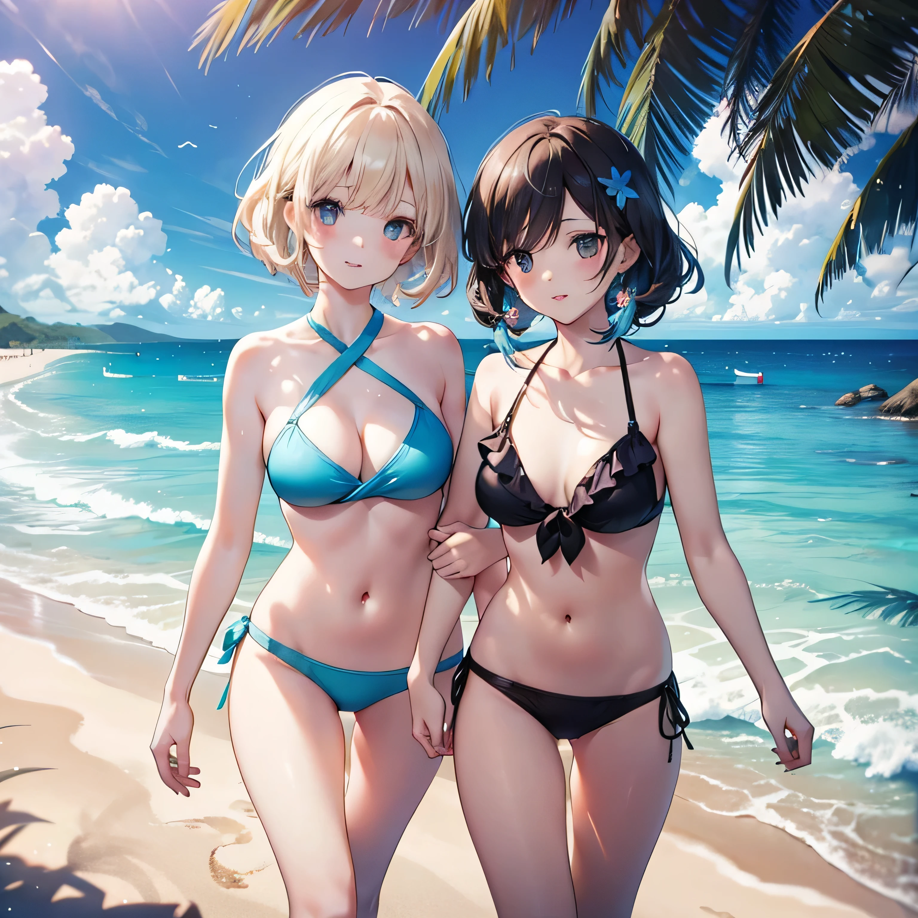 A beautiful anime-style depiction of a beach scene, featuring two adorable girls wearing colorful bikinis, walking hand in hand. The image should be of the highest quality, with a resolution of 4k or 8k, emphasizing ultra-detailed elements and photorealistic rendering. The girls should have vibrant and lively expressions, with big, expressive eyes and rosy cheeks. Their lips should be detailed and slightly glossy, adding depth to their faces. They should have long eyelashes for added charm. The beach should have fine, golden sand, and the waves should be depicted with intricate detail, capturing the natural movement and sparkle. The scene should be filled with a warm, sunny ambiance, with clear blue skies and a gentle ocean breeze. The colors should be vibrant and vivid, showcasing the tropical paradise. The lighting should be soft and natural, casting beautiful highlights and shadows on the girls' faces and bodies. Overall, the image should exude a joyful, carefree, and dreamlike atmosphere, reminiscent of a perfect summer day at the beach.