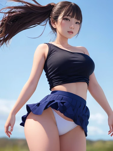 ((NSFW)),(masterpiece, highest quality, RAW Photos, 8k, Super detailed, Ultra-high resolution, Ultra-high resolution, Highly detailed face, Hyperrealism),(Realistic:1.7), Japanese Girls、Girls in their 20s、Perfect figure、Transparency、(、One Shoulder、Tight T-shirt、Navy Blue Skirt)、Light blue shirt、Fiery idol pose、 look、Shiny thighs、White panties、(this strong:1.3),View from below、
