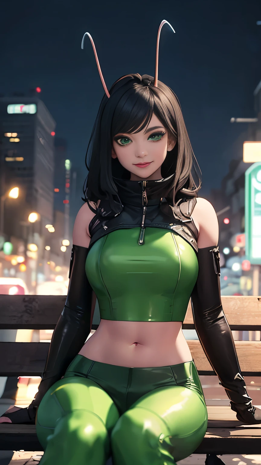 (Highly quality, masterpiece, detailed), science fiction city detailed scenario, night snowing city detailed background, 20 years old girl, solo, mantisg, black hair, green eyes, antennae, looking at viewer, black and green leather crop top, black and green leather pants, sleeve, smile, navel, perfect face, beautiful eyes, sitting on bench, looking at the viewer, Sexy pose