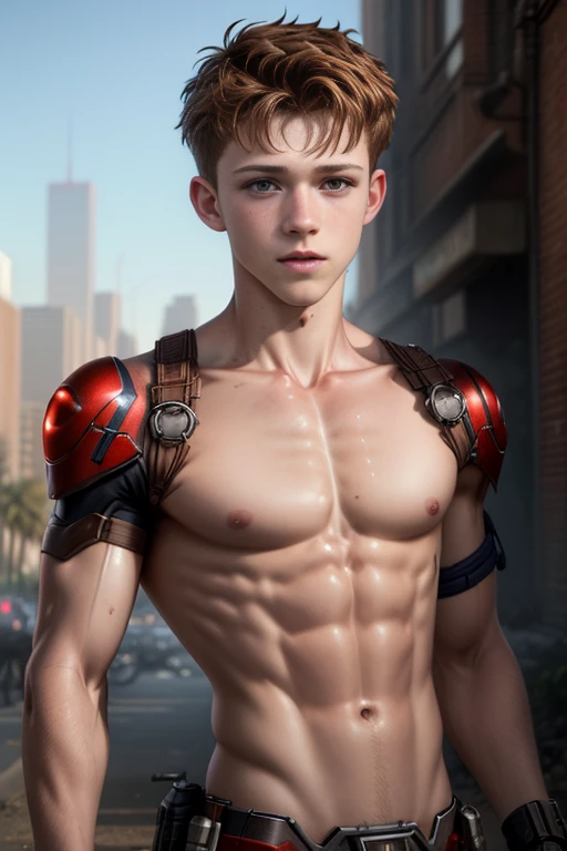 ((Photorealistic)) erotic photo of SHIRTLESS scrawny Sexy twink Tom Holland cyberpunk, with brown hair, detailed skin, detailed face