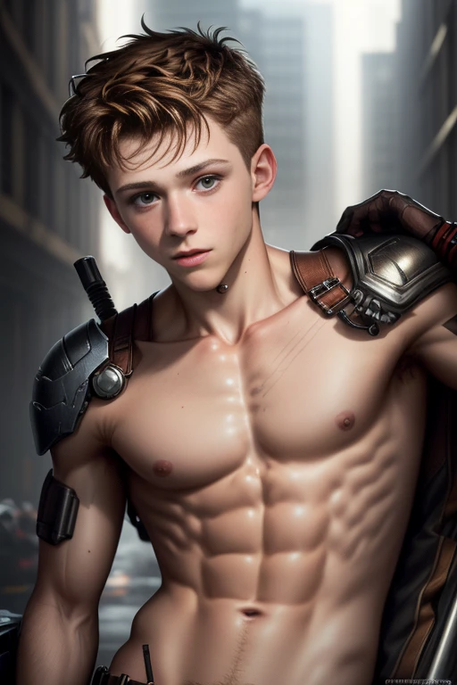 ((Photorealistic)) erotic photo of SHIRTLESS scrawny Sexy twink Tom Holland cyberpunk, with brown hair, detailed skin, detailed face