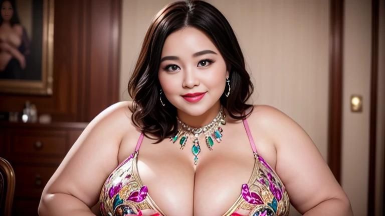 RAW Photos, Digital single-lens reflex camera, Soft lighting, Film Grain, 16K Wallpaper, masterpiece, highest quality, Very detailed, 40~50 years old, Full Body Shot, Mature Woman, beautiful,  魅惑的なsmile,Thick lips, Looking at the audience, Provocative expression, Glossのある髪, Curvaceous and seductive face,Mischievous face,,An inviting gaze,Emphasis on anatomical balance of the human body,A gentle gaze,smile, 妖Gloss,Pink lipstick,Pink Eyeshadow,Luxurious exterior,perfectionなボディ、accessories,Each part of the body is anatomically very well structured., perfection,Best Necklace、Unparalleled beauty、2 wrists、２Book legs、One Face、妖Gloss、Luxurious exterior、smile、Gloss、超滑らかな肌highest qualityのコーディネート、Great background、Super high-end、nice、Sparkling eyes、(((Wear sparkling jewelry)))、(((One female)))、(((Colorful intricately designed dress)))、Less exposed skin