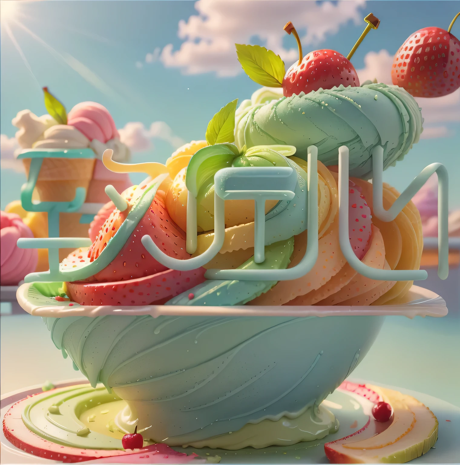 Blue sky and white clouds，Sunlight，Sunlight，Matcha Ice Cream Cone，Drizzle with dark chocolate sauce，Soft，delicious， panoramic，Vibrant green background，lifelike、Detailed images，Ultra-clear，best quality，food wallpaper，cherry，strawberry，Lemon slices，Banana slices