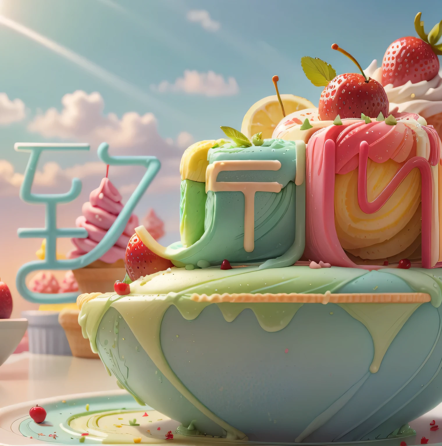 Blue sky and white clouds，Sunlight，Sunlight，Matcha Ice Cream Cone，Drizzle with dark chocolate sauce，Soft，delicious， panoramic，Vibrant green background，lifelike、Detailed images，Ultra-clear，best quality，food wallpaper，cherry，strawberry，Lemon slices，Banana slices