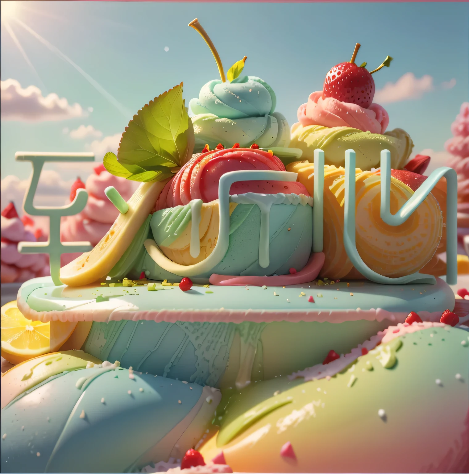 Blue sky and white clouds,Sunlight,Sunlight,Matcha Ice Cream Cone,Drizzle with dark chocolate sauce,Soft,delicious, panoramic,Vibrant green background,lifelike、Detailed images,Ultra-clear,best quality,food wallpaper,cherry,strawberry,Lemon slices,Banana slices