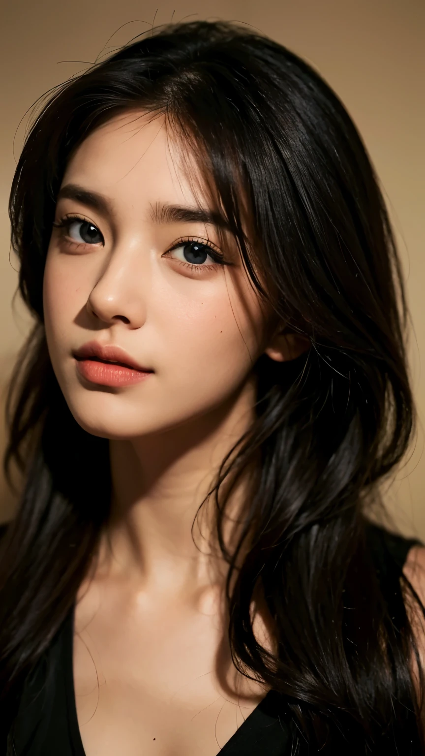 (dasha taran),smile,upper half of body,Big eyes,small face,school uniform,in the dark,thick body:1.8,huge breasts:1.6,Loose and fluffy curls,lustrous skin,close-up of face